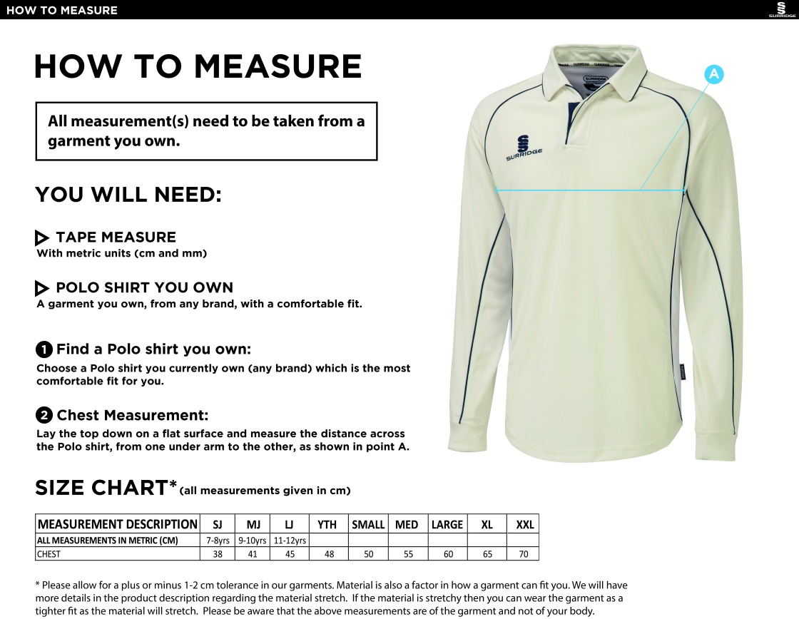 High Halstow CC - Premier Long Sleeve Shirt - Size Guide