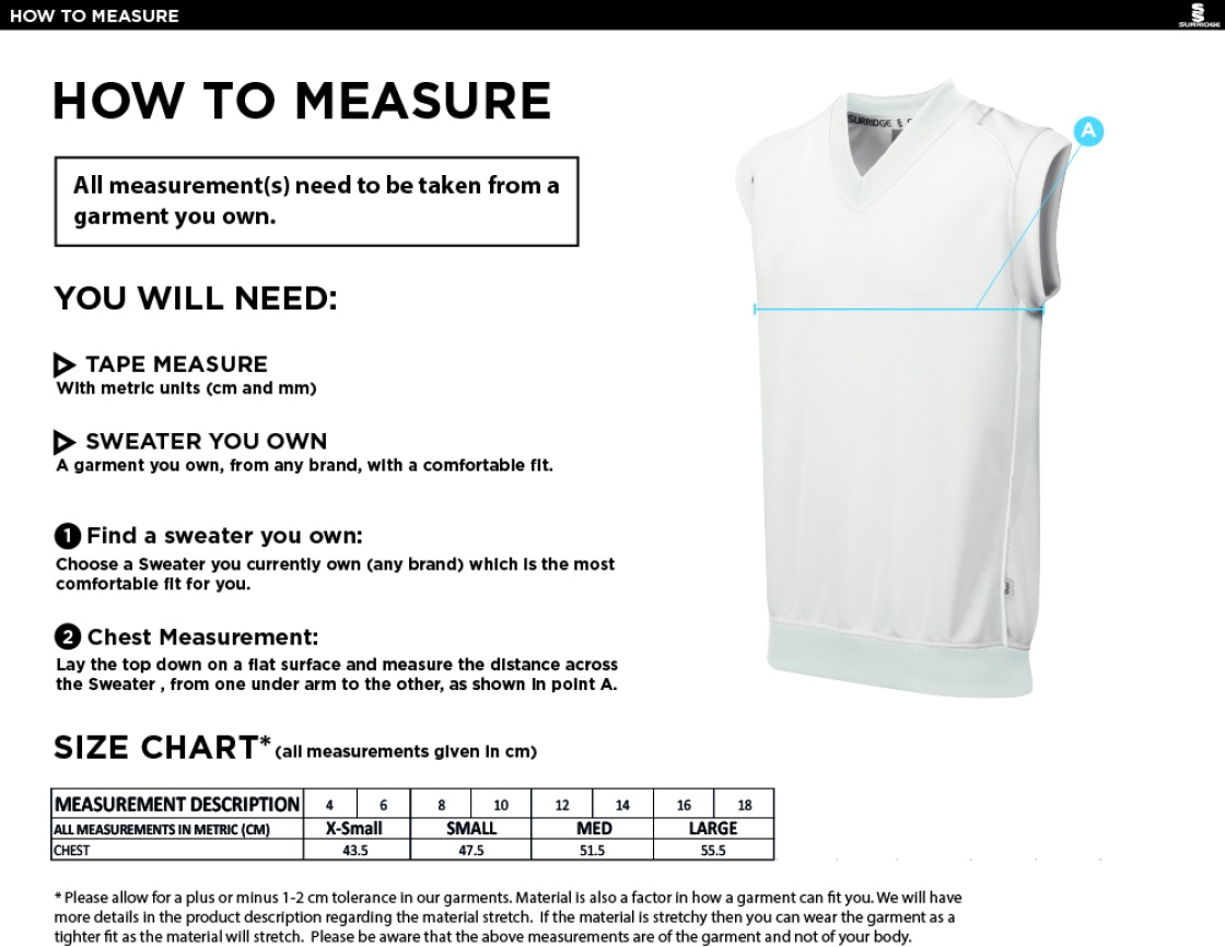 High Halstow CC - Blast Sleeveless Cricket Sweater - Women's Fit - Size Guide