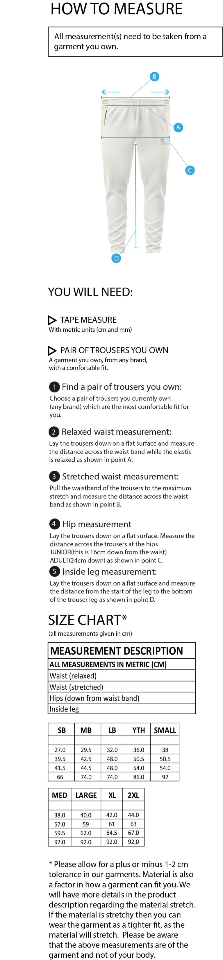 High Halstow CC - Blade Playing Pants - Size Guide