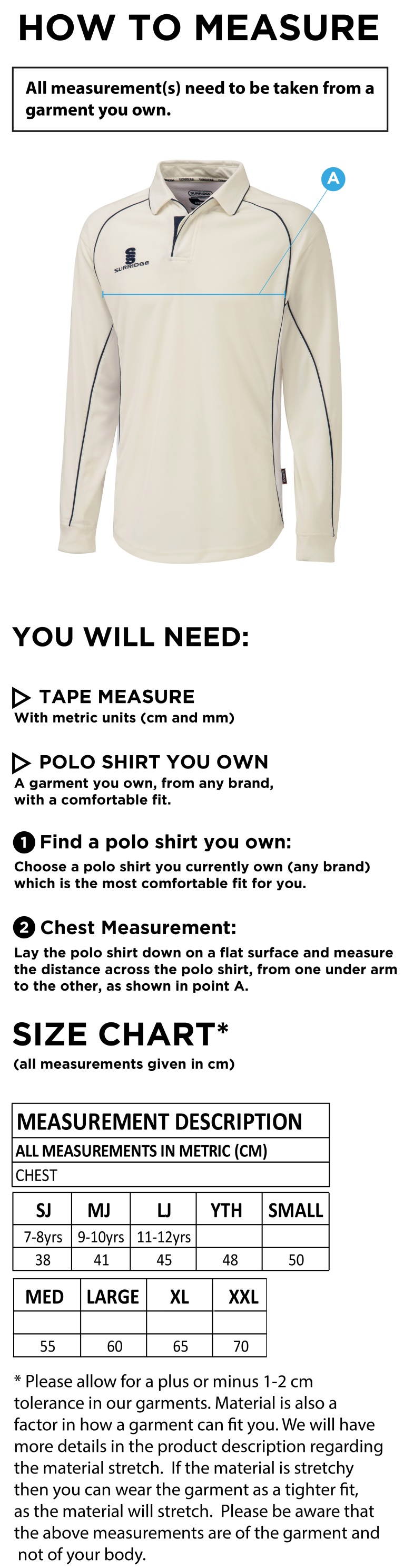 High Halstow CC - Premier Long Sleeve Shirt - Size Guide