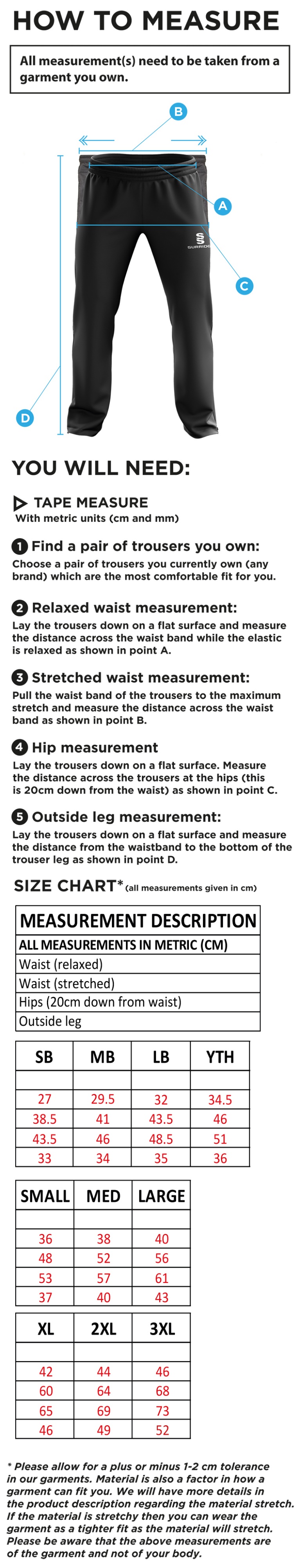 High Halstow CC - Ripstop Track Pants - Size Guide
