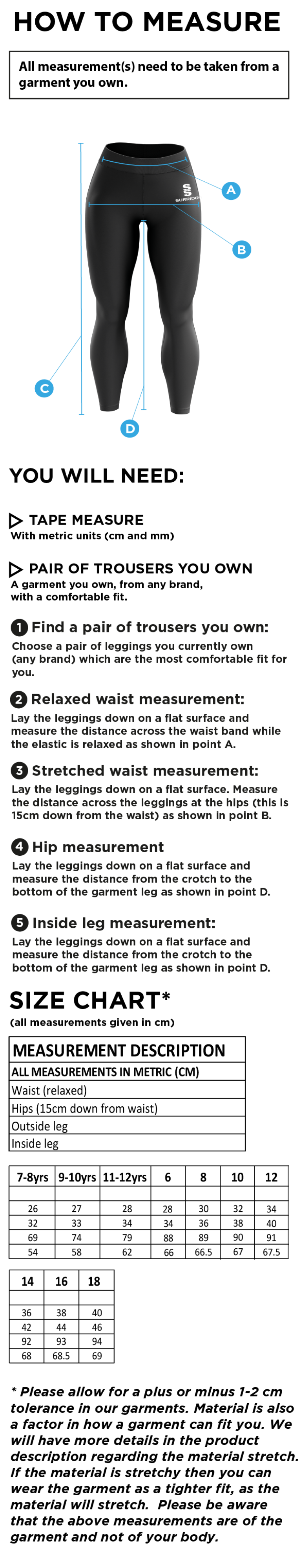 High Halstow CC - Ladies Dual Leggings - Size Guide