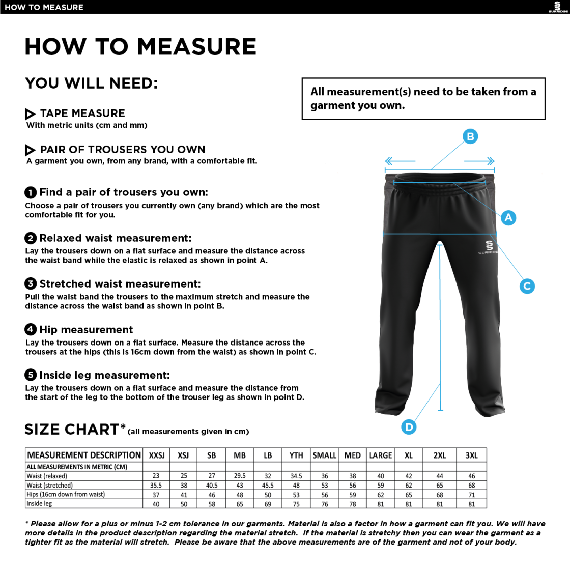 HIGH HALSTOW CC Classic Tracksuit Pant 3/4 Zip Length Navy Mens - Size Guide