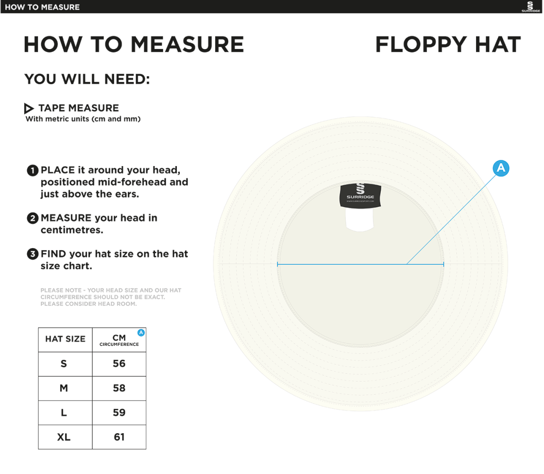High Halstow CC - Floppy Hat - Ivory - Size Guide