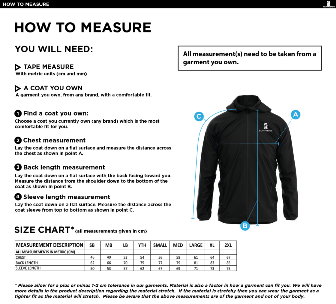High Halstow CC - Dual Elite 1/4 Zip Hoody / Rain Jacket - Unisex Fit - Size Guide