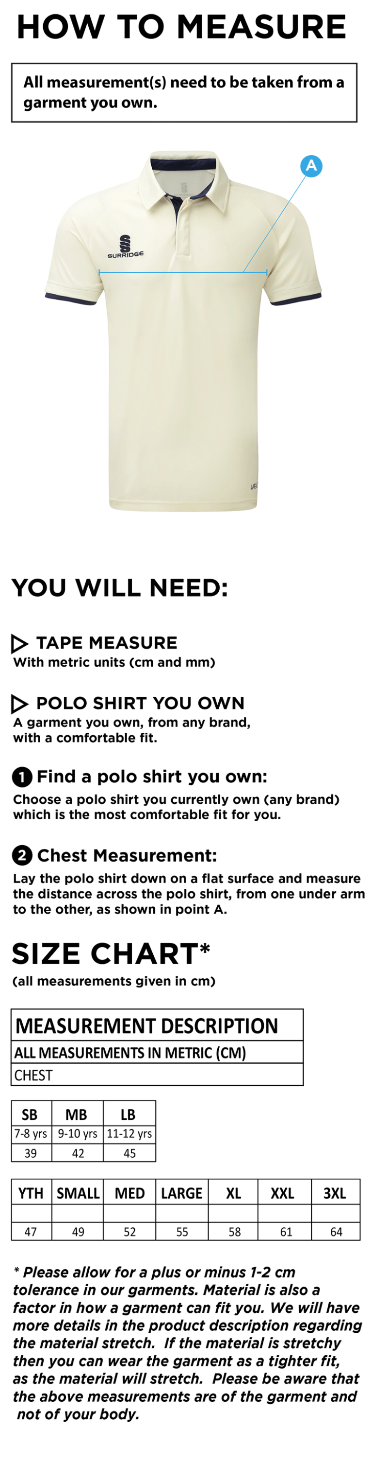 High Halstow CC - Kids Ergo Short Sleeve Shirt - Size Guide