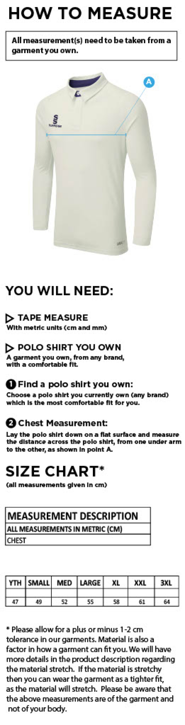 High Halstow CC - Ergo Long Sleeve Shirt - Size Guide