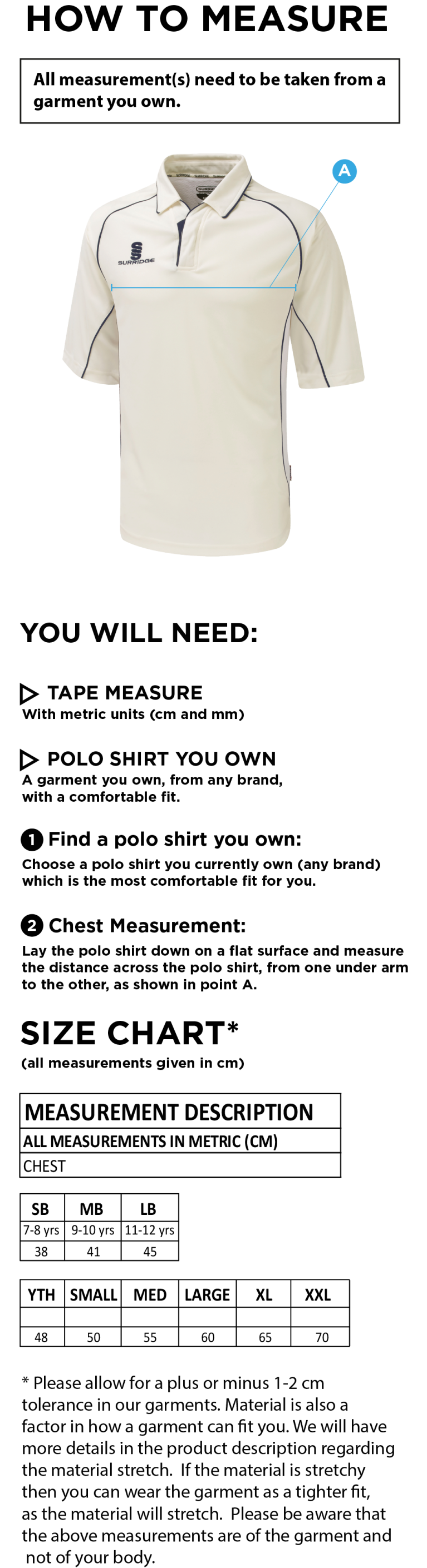 High Halstow CC - Premier 3/4 Sleeve Shirt - Size Guide