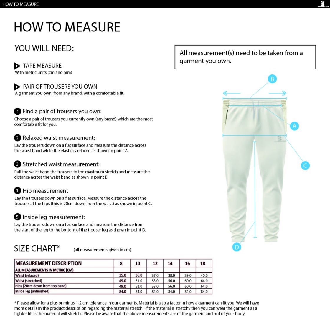 HIGH HALSTOW CC Ergo Playing Women`s Pant - Size Guide