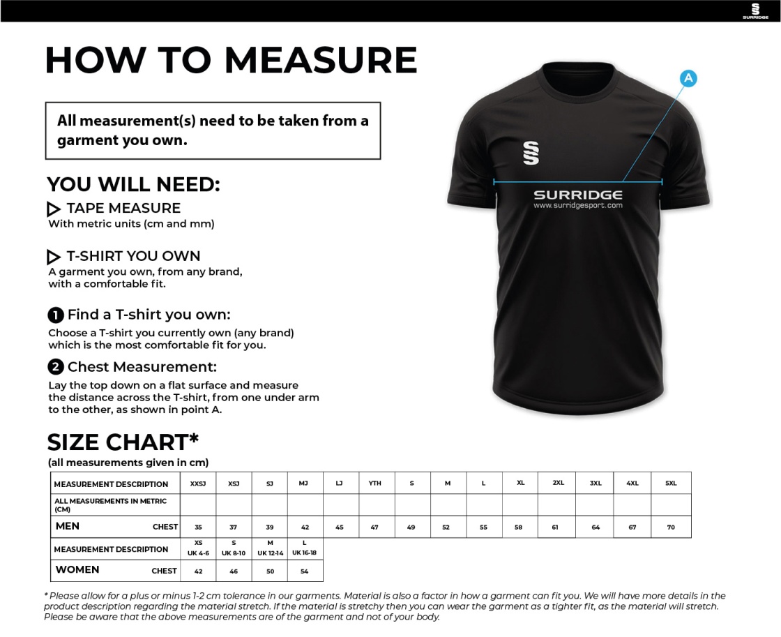 High Halstow CC - Target Short Sleeved Shirt - Junior Teams - Size Guide
