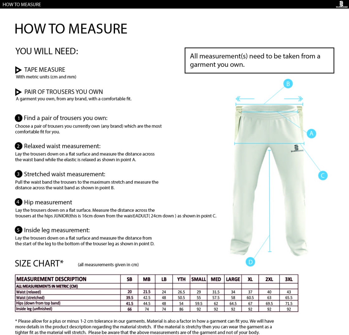 High Halstow CC - Standard Playing Pant - Size Guide