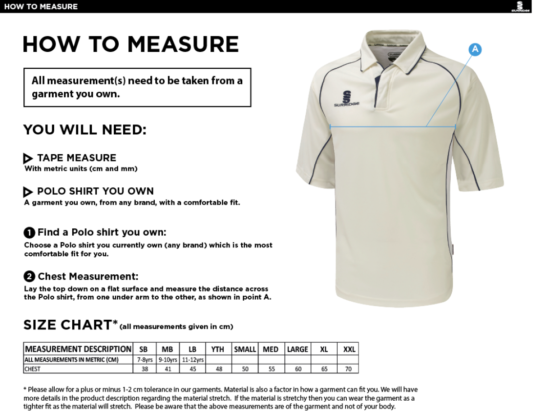 High Halstow CC - Premier 3/4 Sleeve Shirt - Size Guide