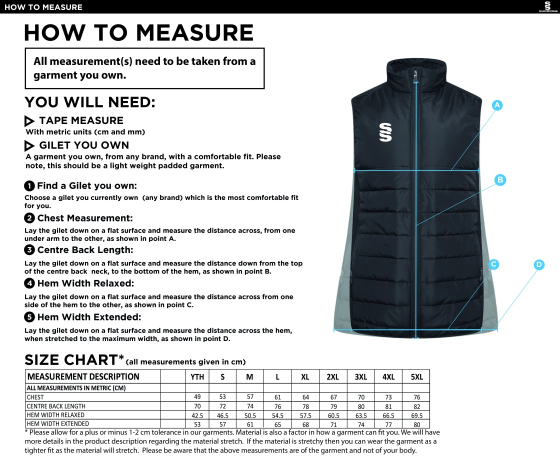 High Halstow CC - Active Gilet - Unisex Fit - Size Guide