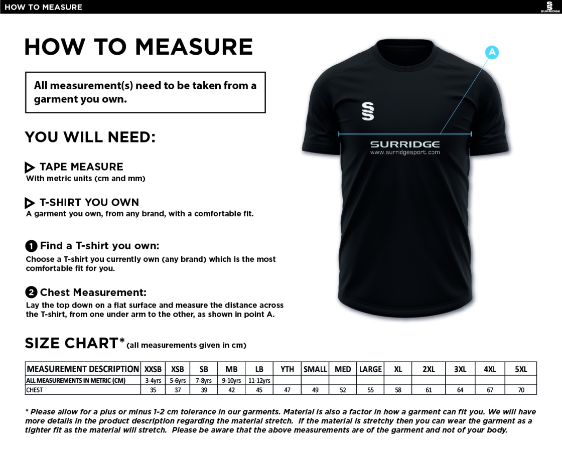 High Halstow CC - Dual Games T-Shirt - Size Guide