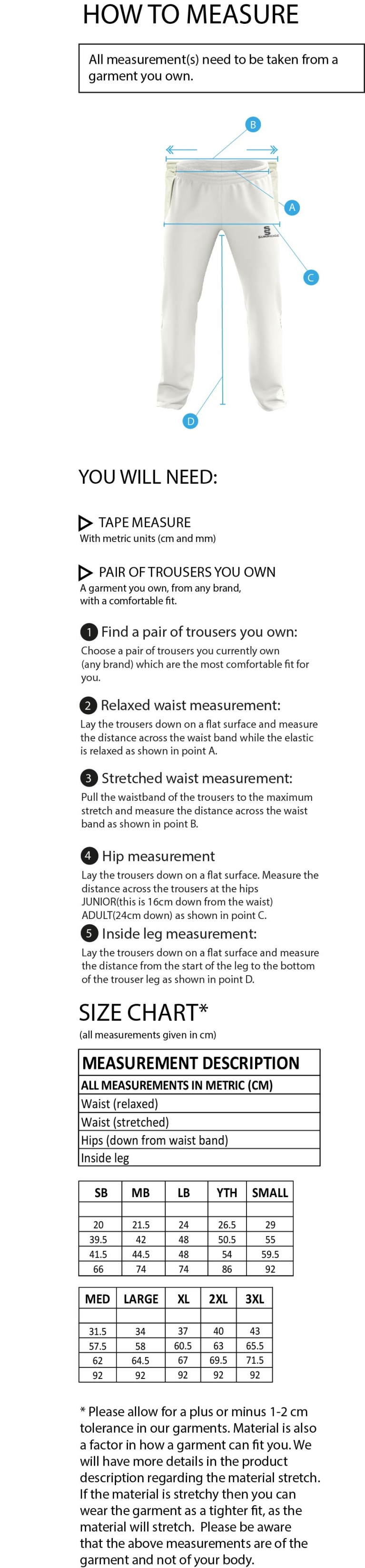 High Halstow CC - Standard Playing Pant - Size Guide