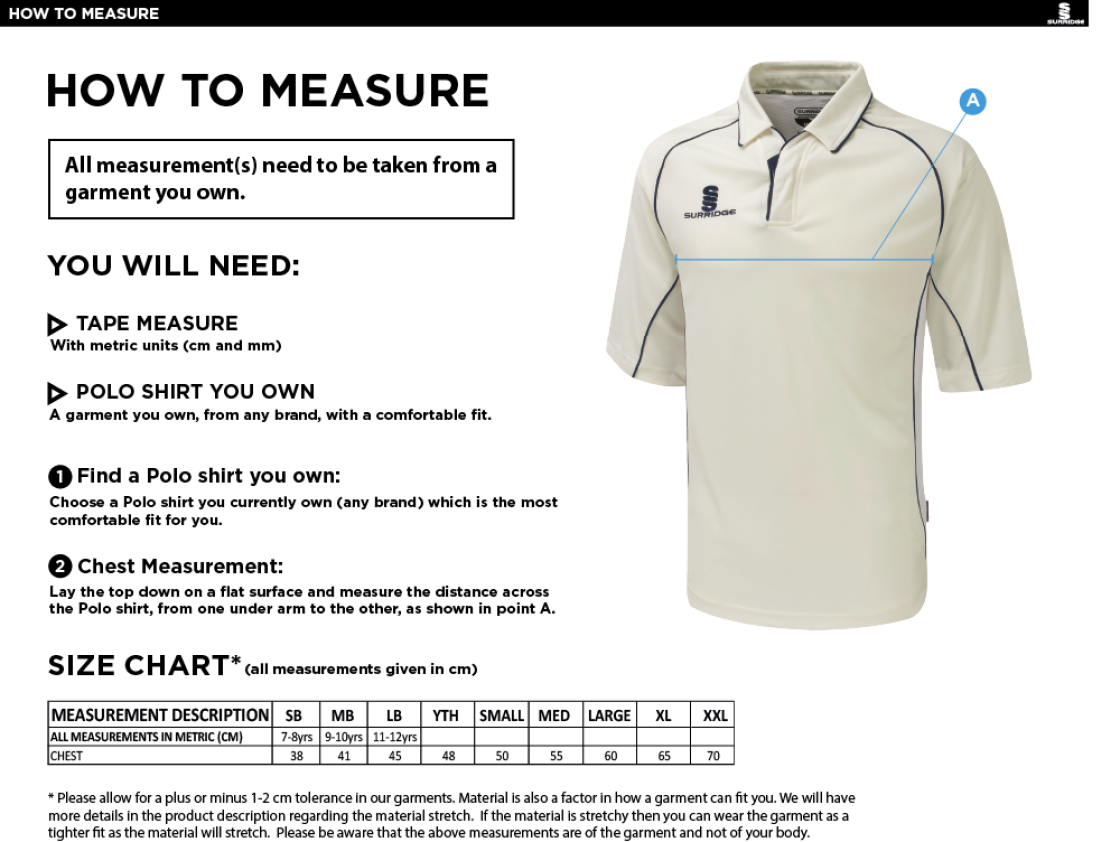 High Halstow CC - Kids Premier 3/4 Sleeve Shirt - Size Guide