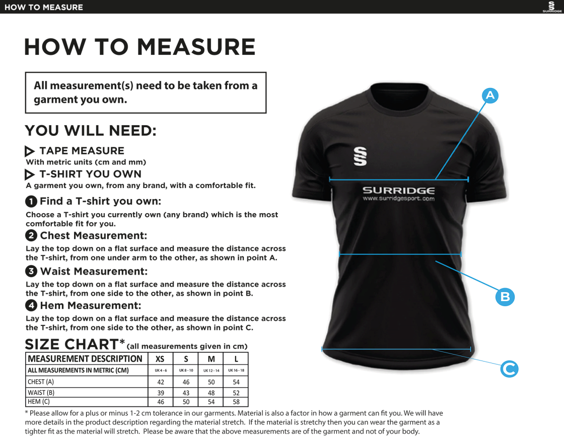 High Halstow CC - Ladies Dual Games T-Shirt - Size Guide