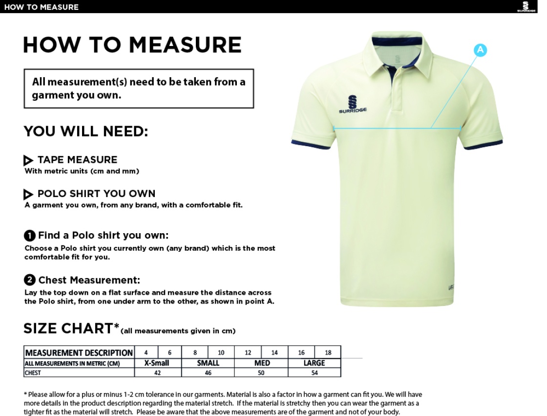 High Halstow CC - Dual Short Sleeve Cricket Shirt - Women's Fit - Size Guide