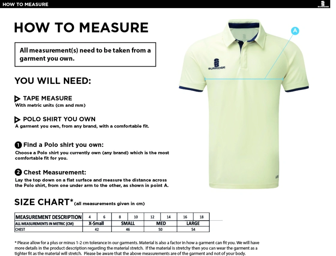 HIGH HALSTOW CC Dual Cricket Shirt Short Sleeve Womens - Size Guide