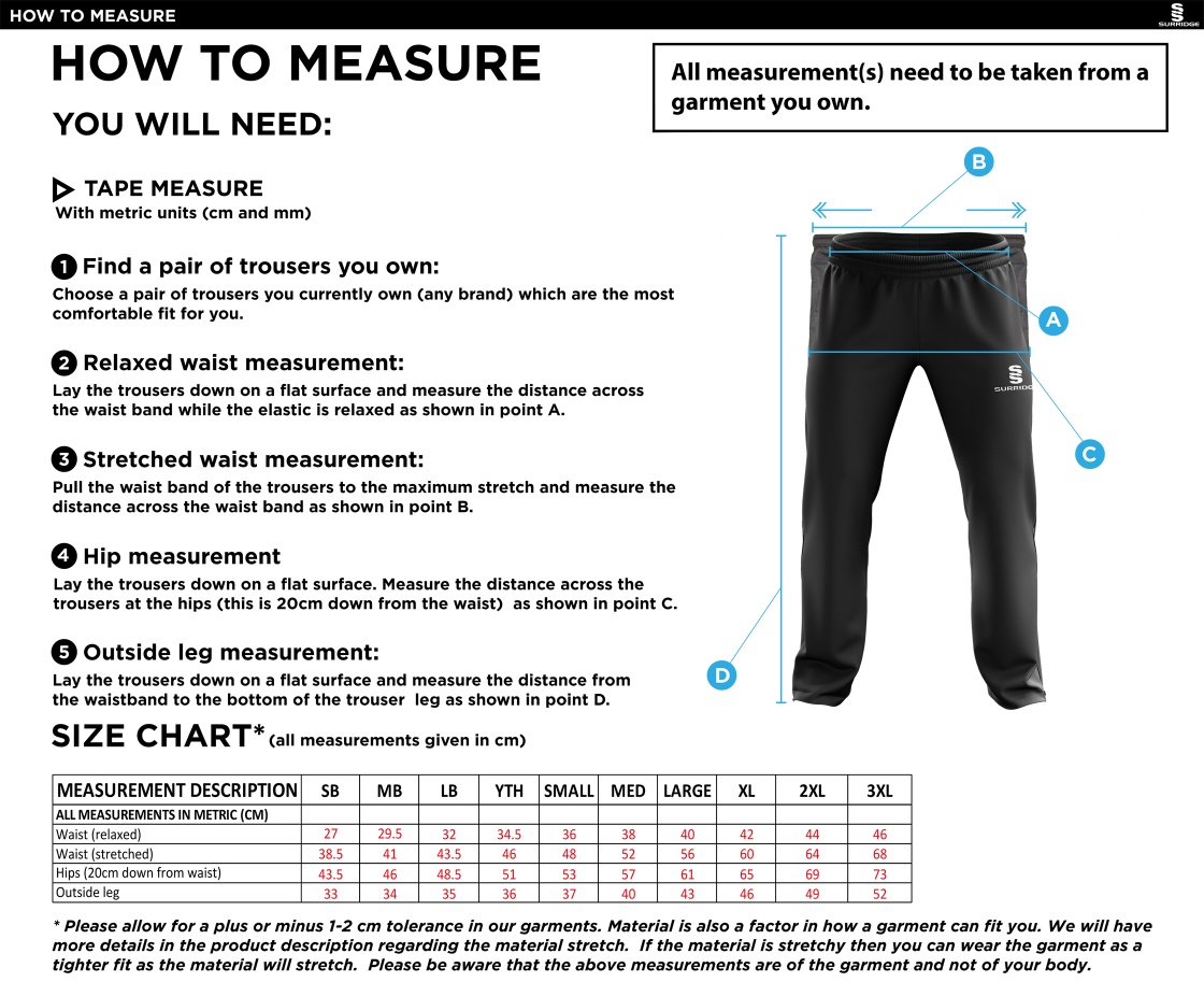 High Halstow CC - Ripstop Track Pants - Size Guide