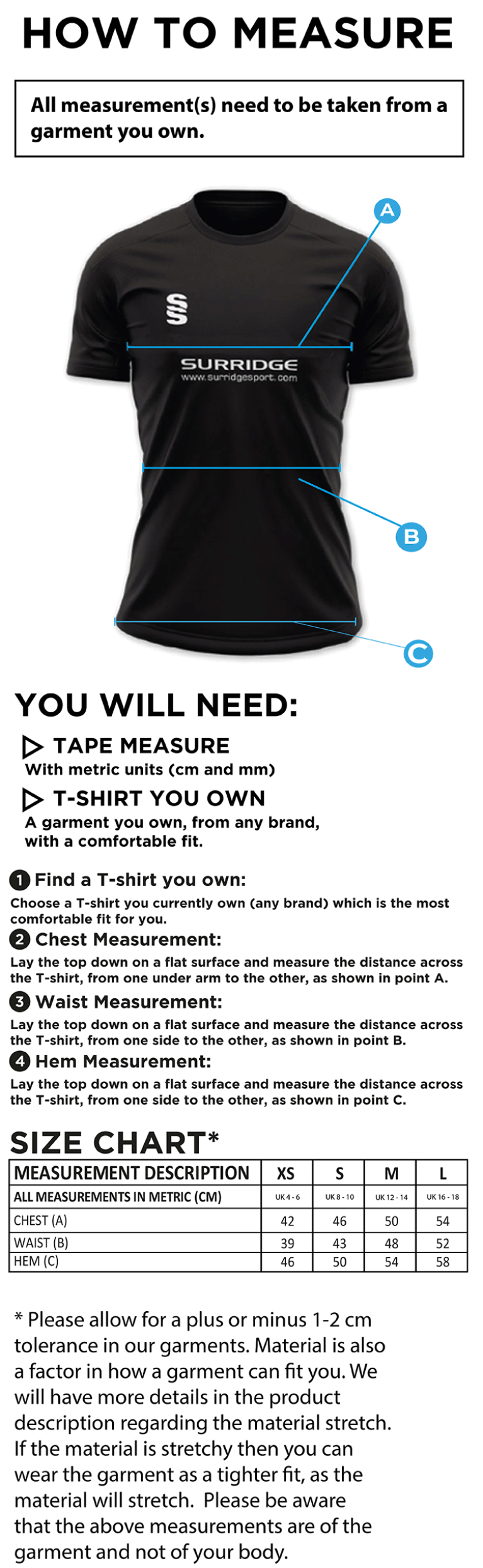 High Halstow CC - Ladies Dual Games T-Shirt - Size Guide
