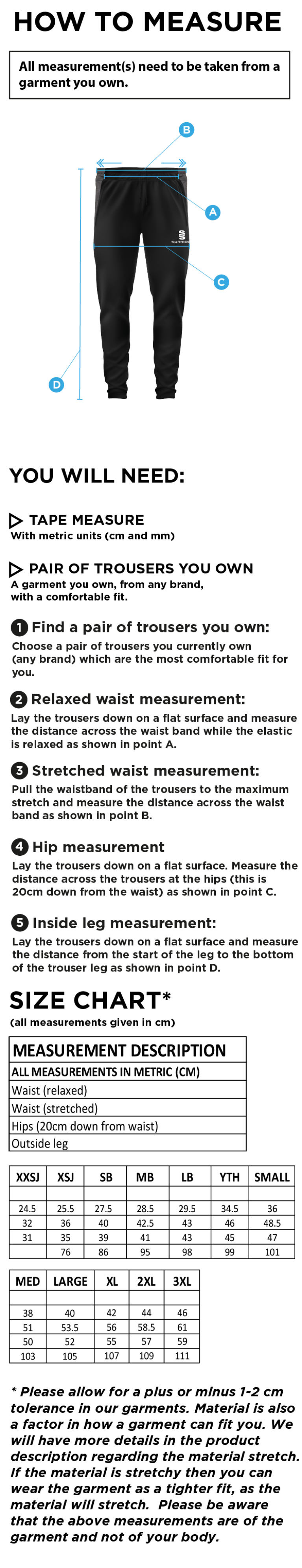 High Halstow CC - Tek Slim Pants - Size Guide
