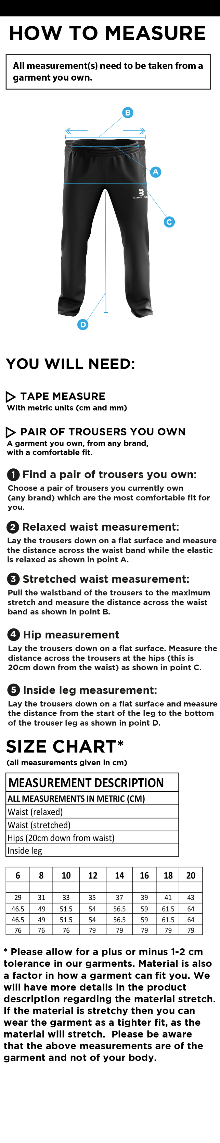 High Halstow CC - Women's Poplin Track Pants - Size Guide