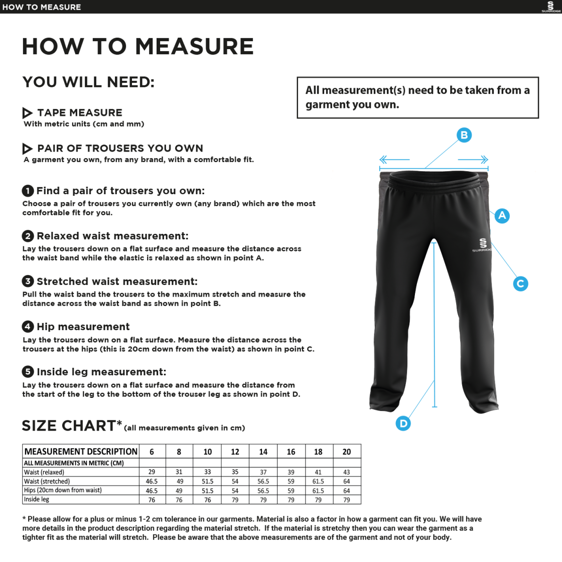 High Halstow CC - Classic Tracksuit Pant 3/4 Zip Length - Women's Fit - Size Guide