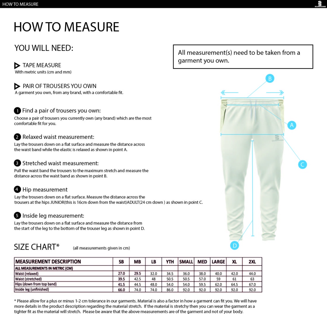 High Halstow CC - Tek Playing Trousers - Size Guide
