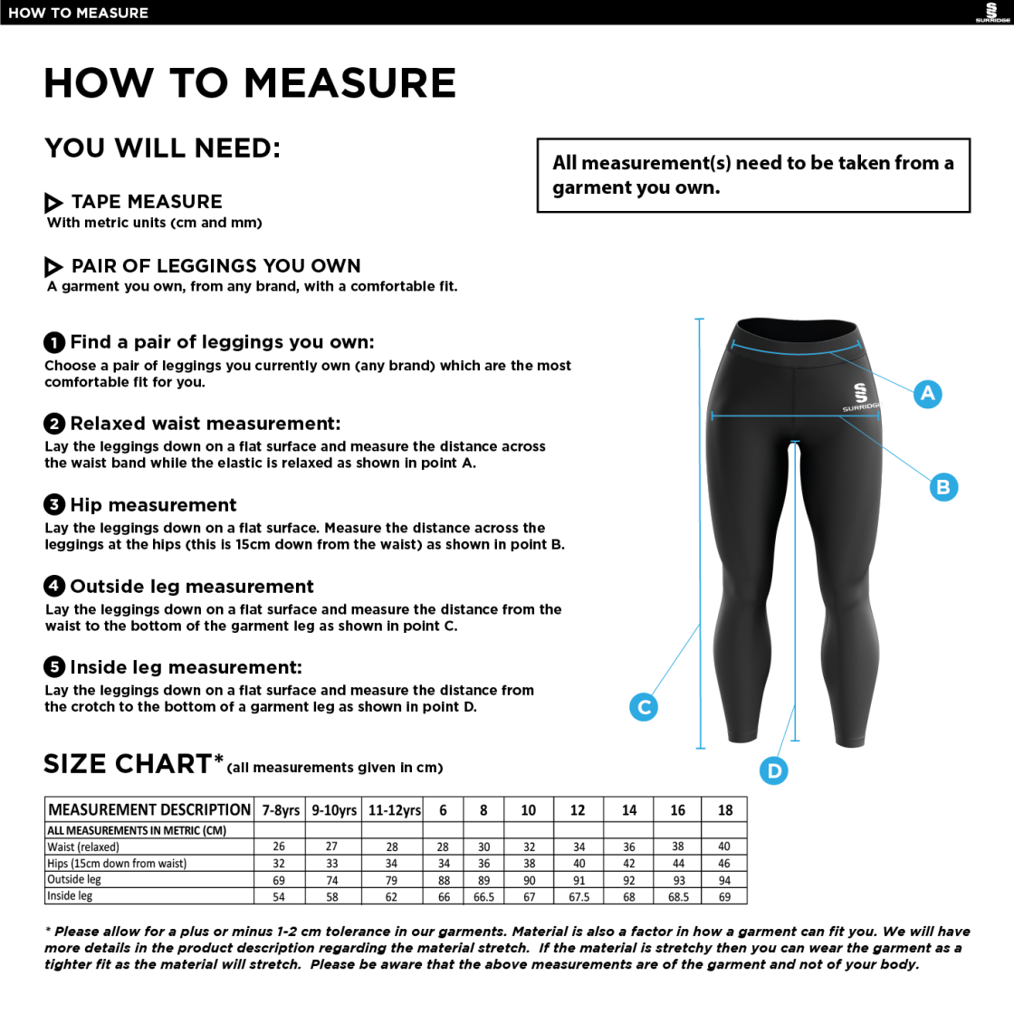 High Halstow CC - Ladies Dual Leggings - Size Guide