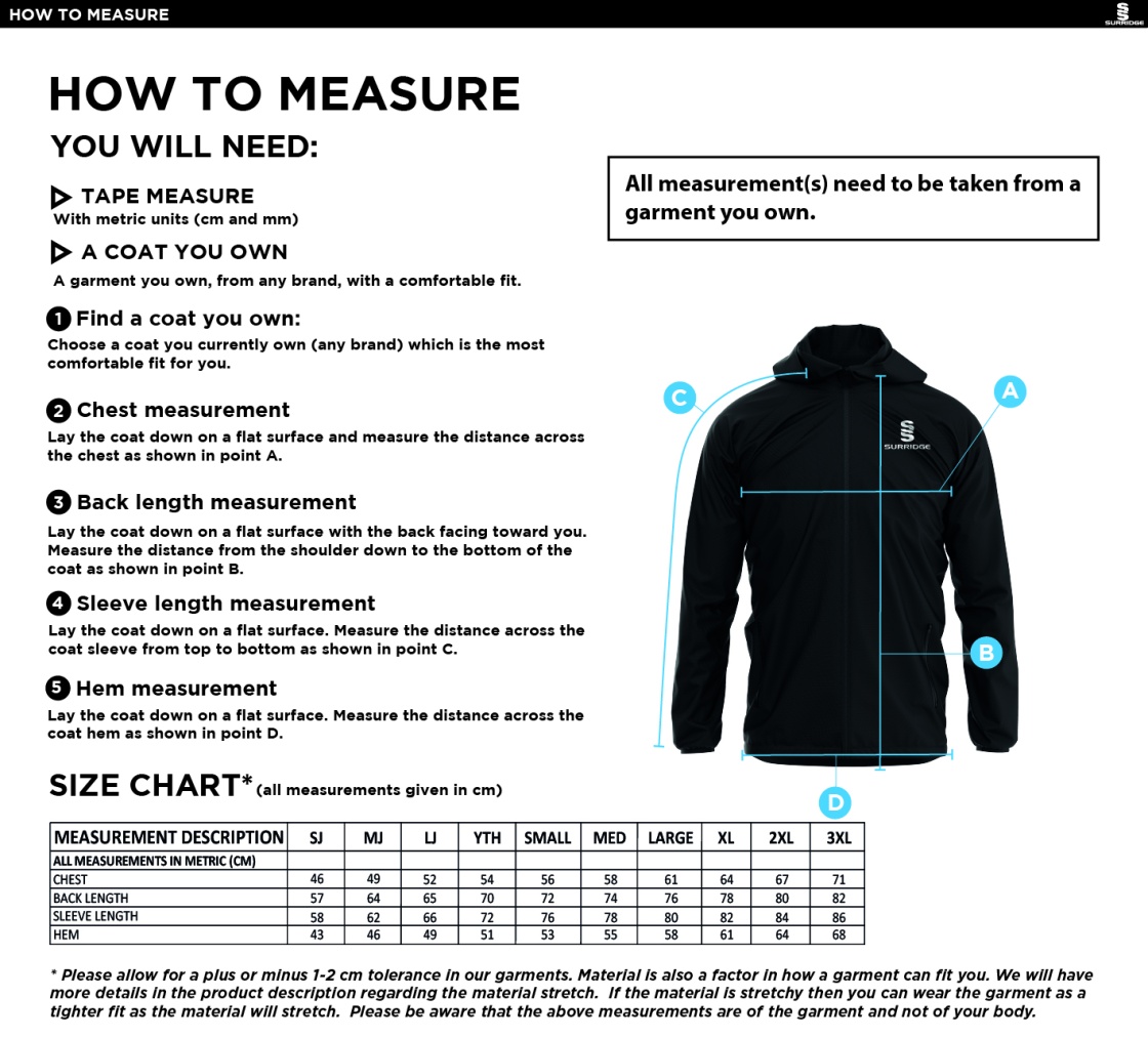 High Halstow CC - Dual Elite 1/4 Zip Hoody / Rain Jacket - Unisex Fit - Size Guide