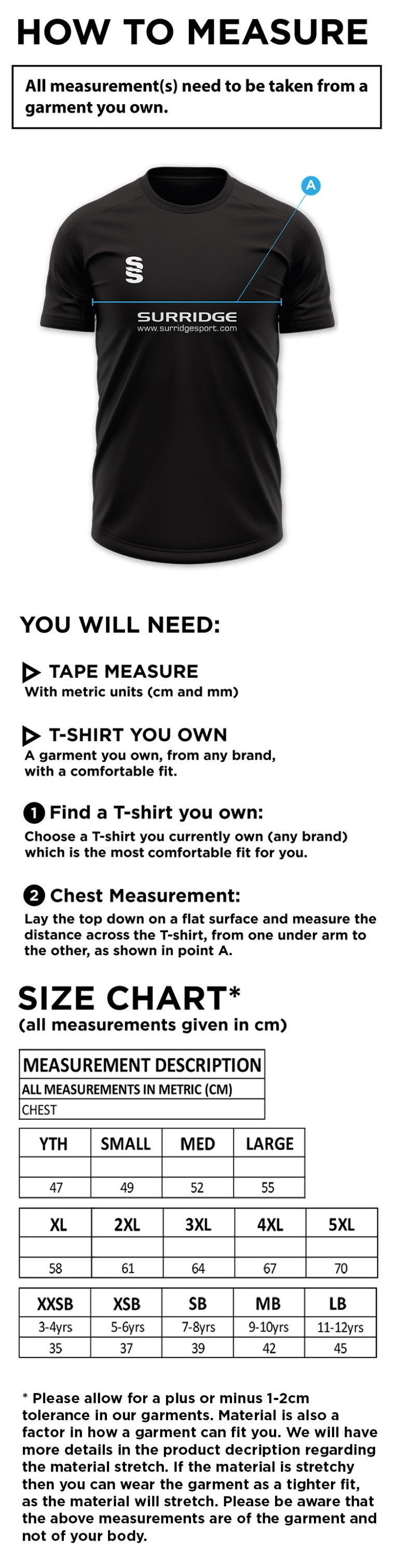 High Halstow CC - Dual Games T-Shirt - Size Guide