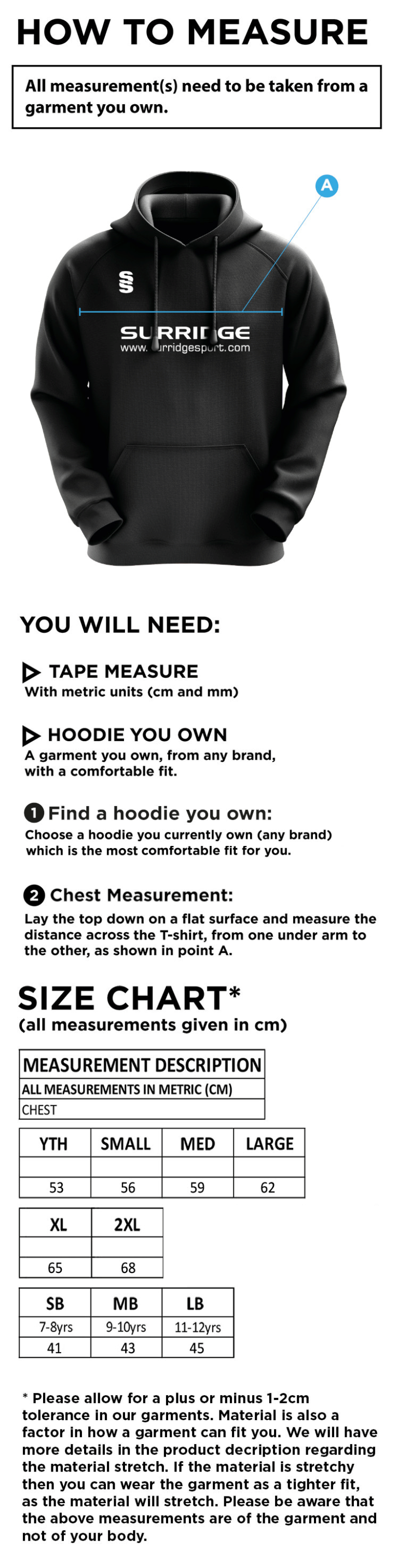 High Halstow CC - Blade Hoody - Size Guide