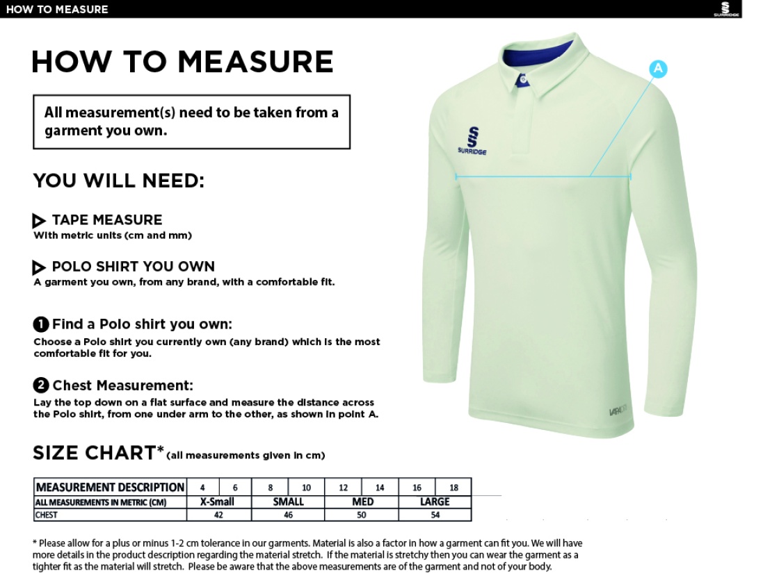 High Halstow CC - Dual Long Sleeve Cricket Shirt - Women's Fit - Size Guide