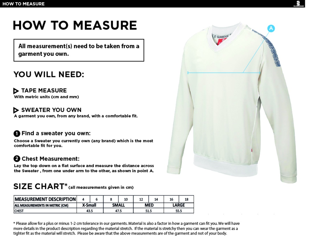 High Halstow CC - Blast Long Sleeve Cricket Sweater - Women's Fit - Size Guide