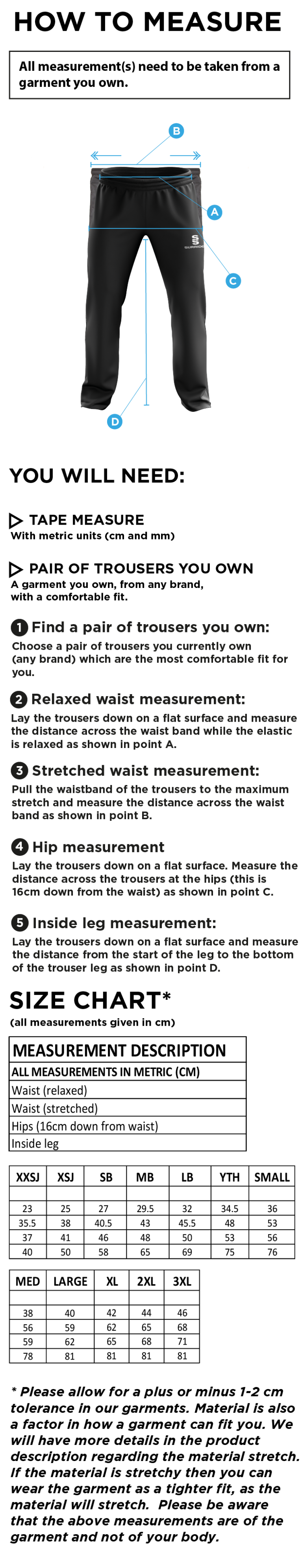 High Halstow CC - Poplin Track Pants - Size Guide
