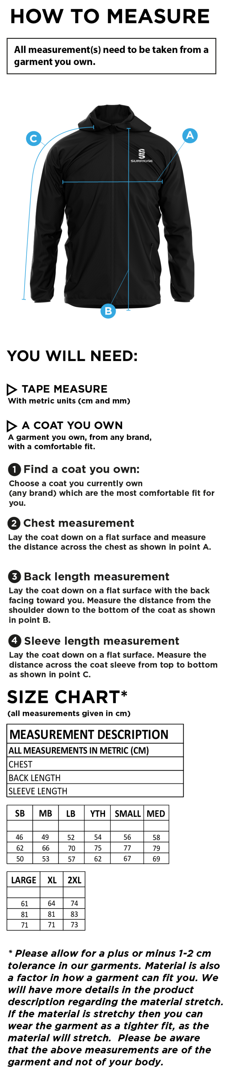 High Halstow CC - Dual Elite 1/4 Zip Hoody / Rain Jacket - Unisex Fit - Size Guide