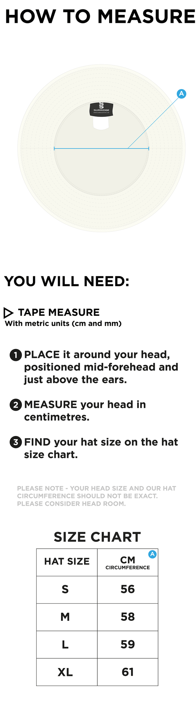 High Halstow CC - Floppy Hat - Ivory - Size Guide