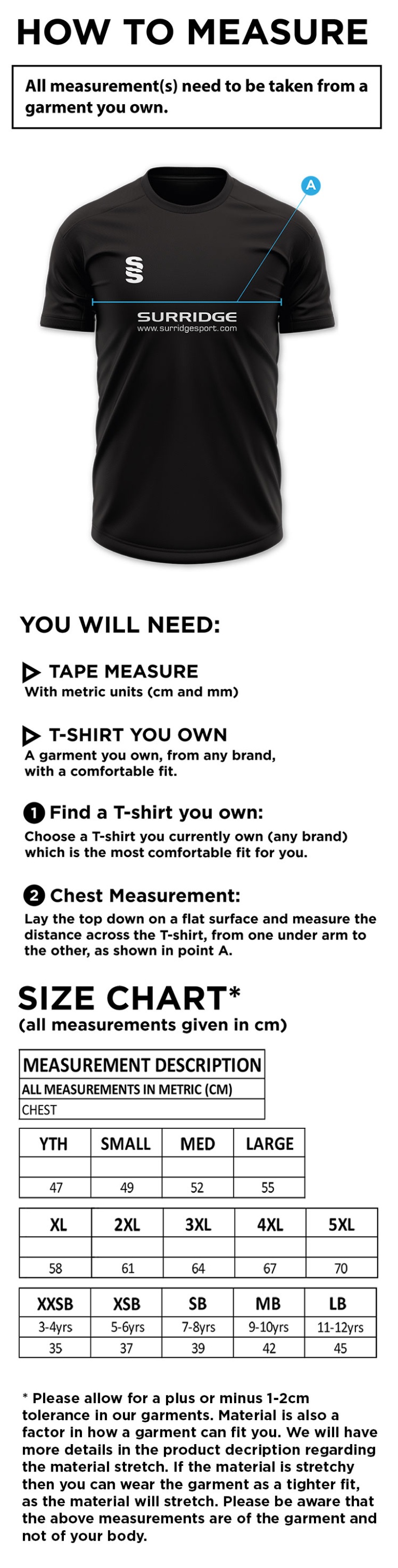 High Halstow CC - Dual Games T-Shirt - Size Guide
