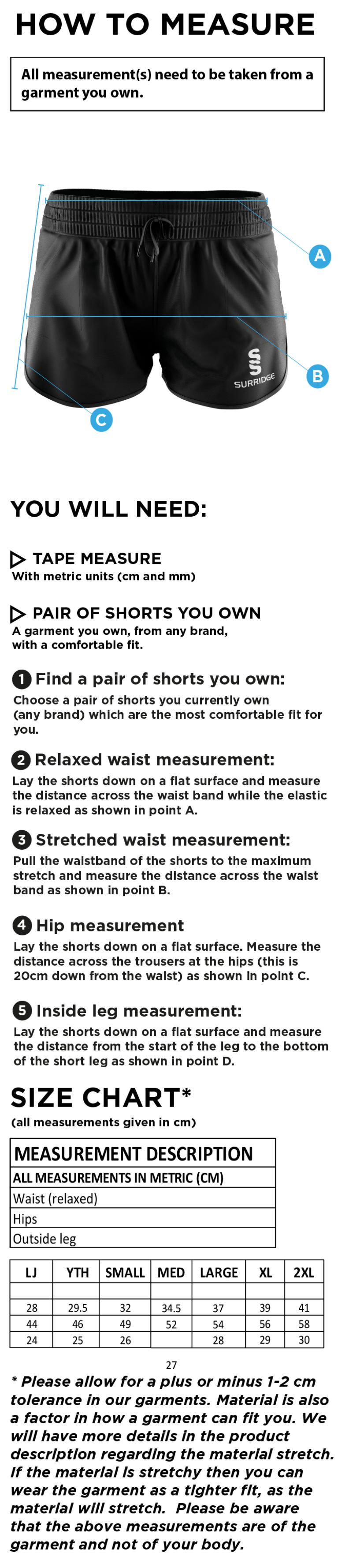 High Halstow CC - Ladies Dual Short - Size Guide