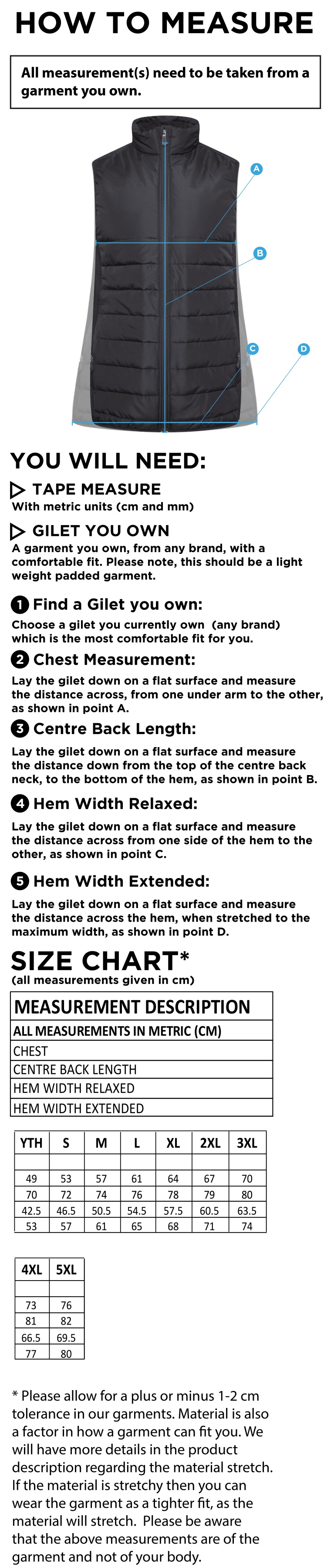 High Halstow CC - Active Gilet - Unisex Fit - Size Guide
